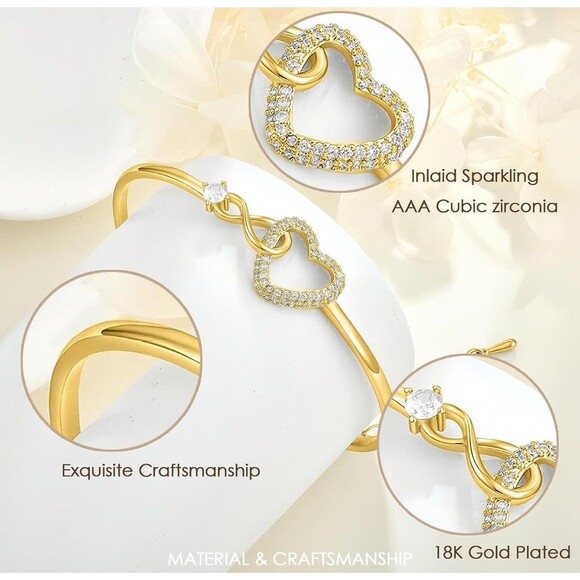 Infinity Heart Bracelet Cubic Zirconia Love Heart Link Adjustable Gold Plated - Picture 5 of 9